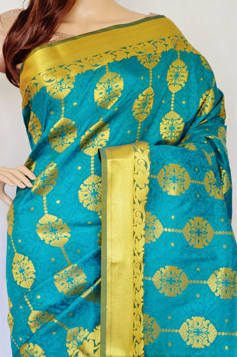 Turquoise Green & Gold Kanchipuram Silk Saree