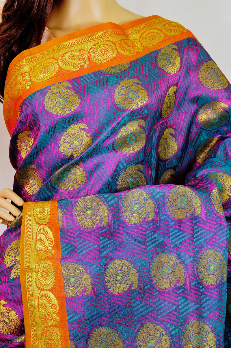 Turquoise Shade Pink ,Orange & Gold Kanchipuram Silk Saree