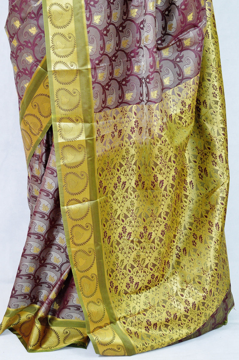 Maroon ,Green & Gold Colour Kanchipuram Silk  Saree