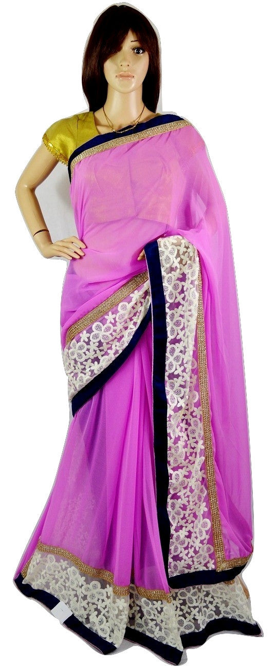 Elegant Pink& Dark Blue Colour Net & Velvet  Saree