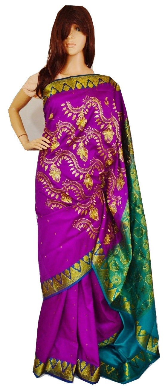 Purple & Turquoise Sequins Work Banaras Silk Saree
