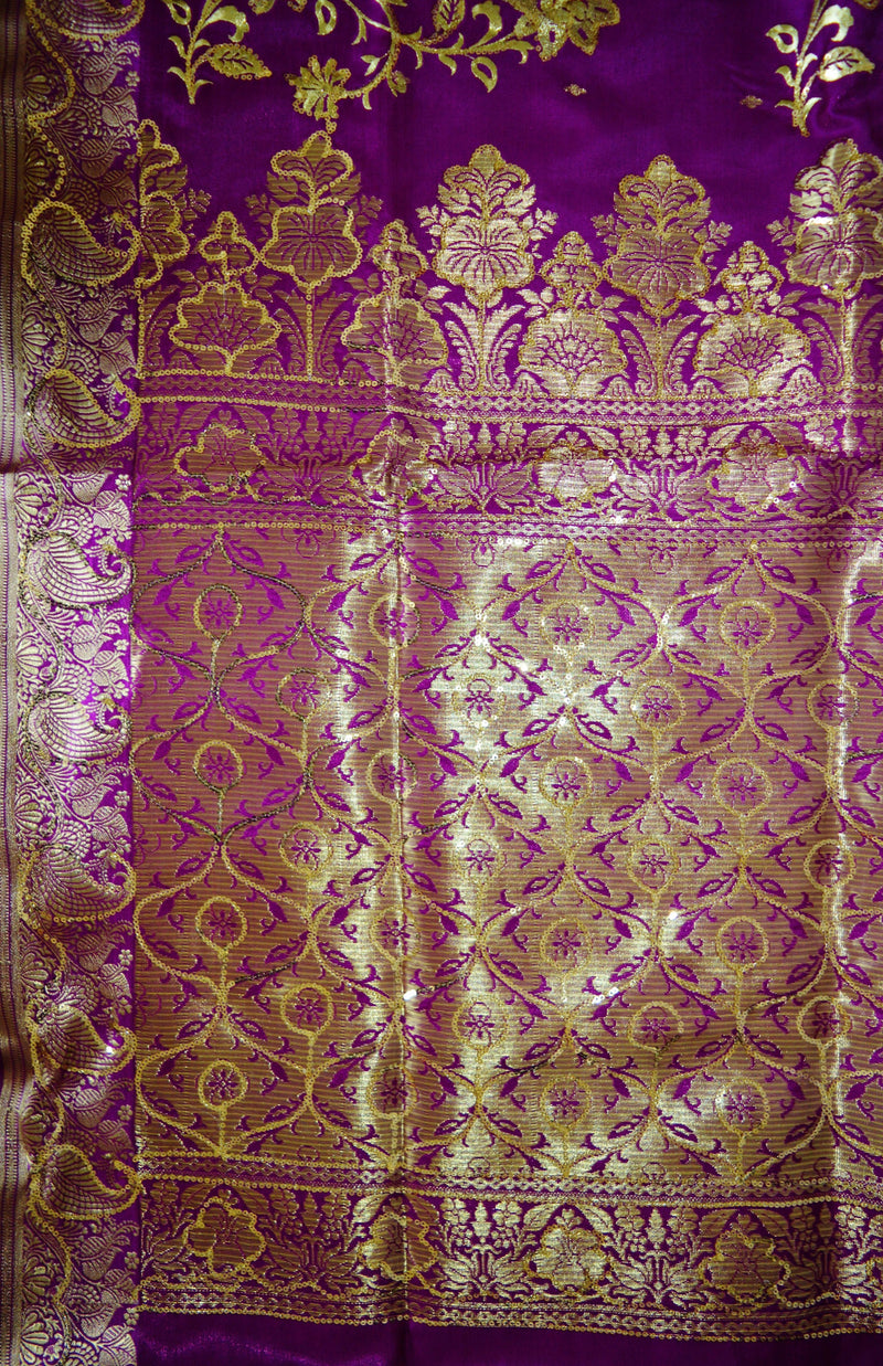 Purple & Gold  Colour Sequins Work Banaras Silk Saree