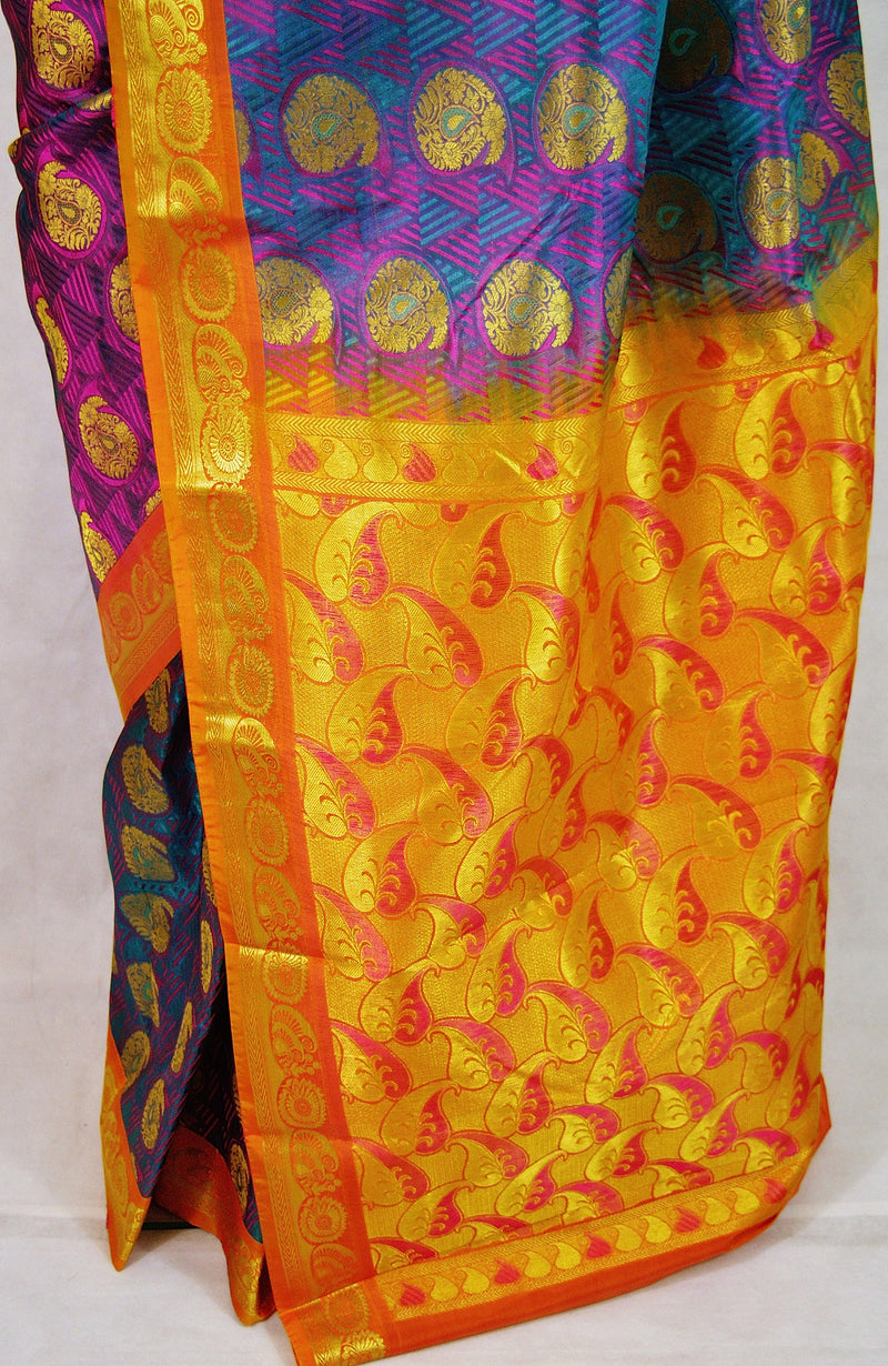 Turquoise Shade Pink ,Orange & Gold Kanchipuram Silk Saree