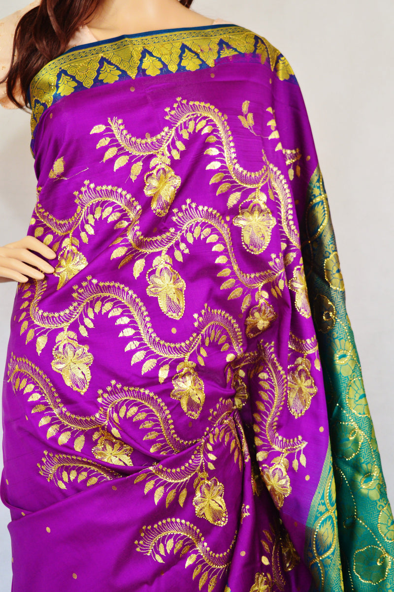 Purple & Turquoise Sequins Work Banaras Silk Saree