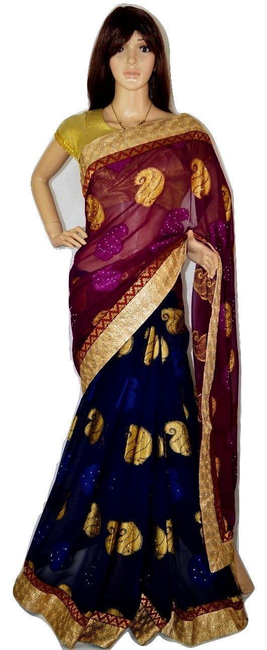 Dark Blue & Plum Stone Work Do Pal Jeard Saree