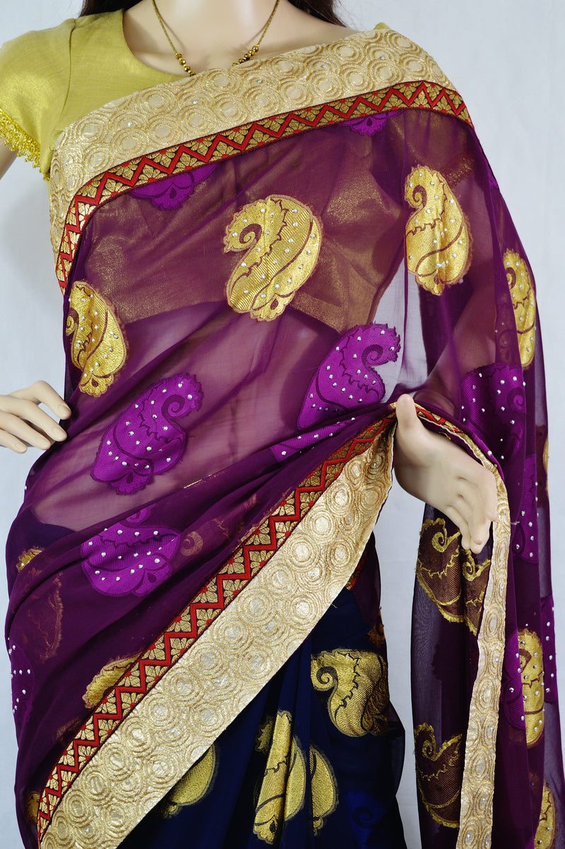 Dark Blue & Plum Stone Work Do Pal Jeard Saree