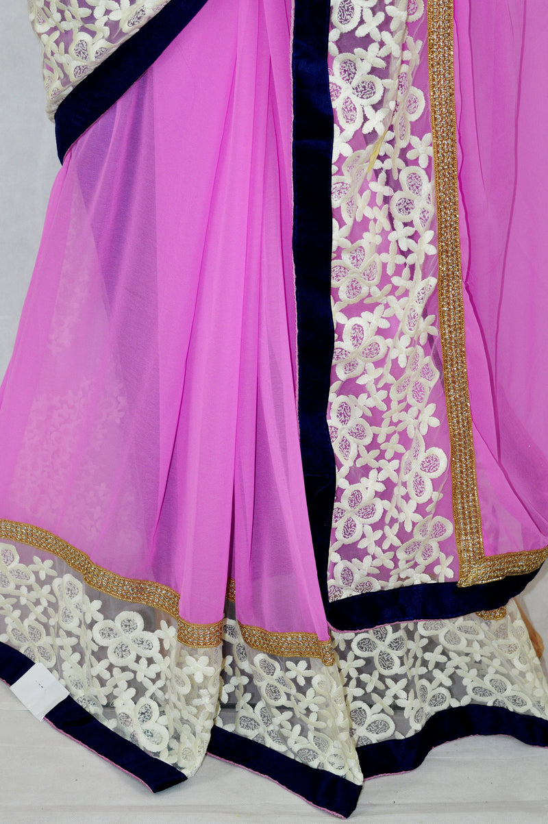 Elegant Pink& Dark Blue Colour Net & Velvet  Saree