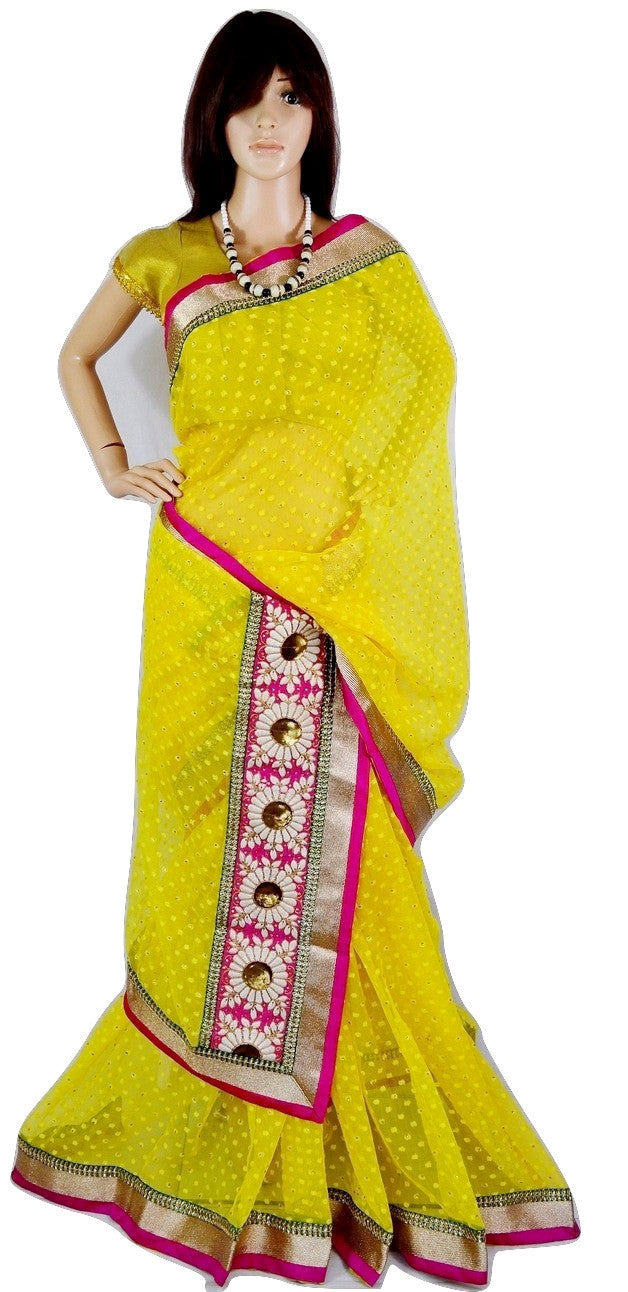 Bright Yellow Colour Stone Work Party Wear Saree