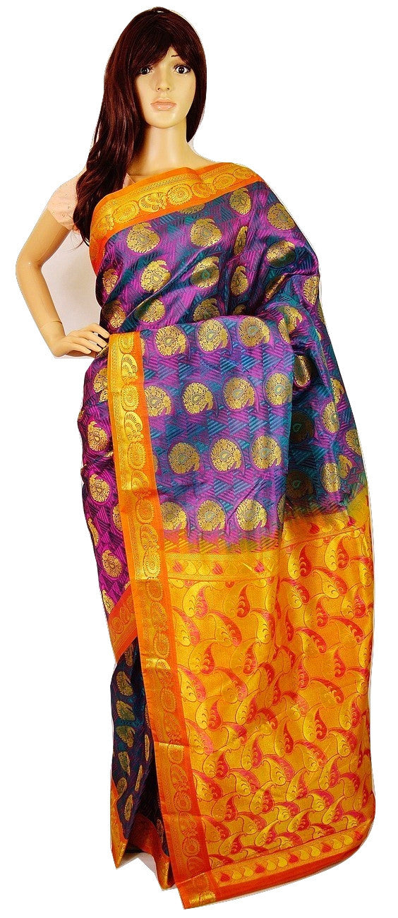 Turquoise Shade Pink ,Orange & Gold Kanchipuram Silk Saree