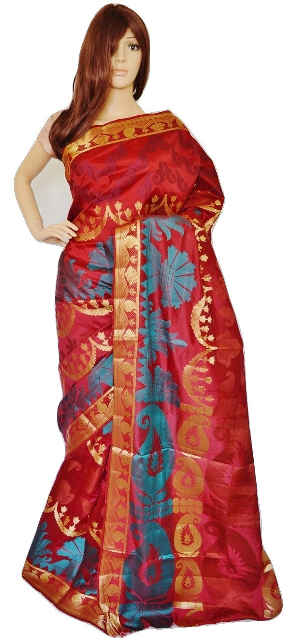 Maroon  & Gold Pure Raw Silk  Saree