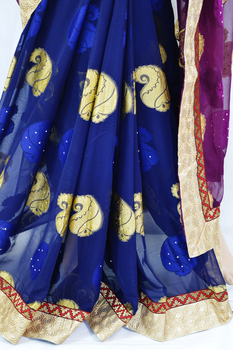 Dark Blue & Plum Stone Work Do Pal Jeard Saree