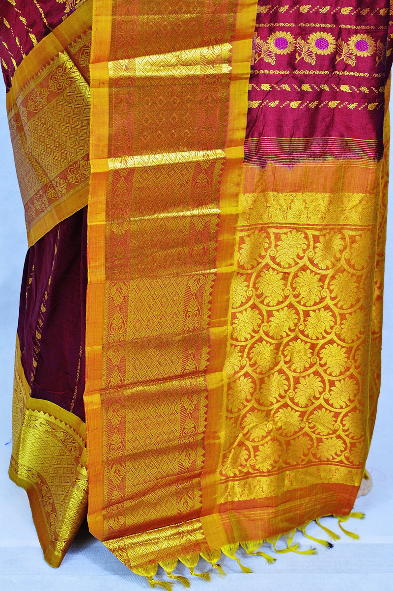 Maroon,Mustard & Gold Kanchipuram Pattu Silk Saree