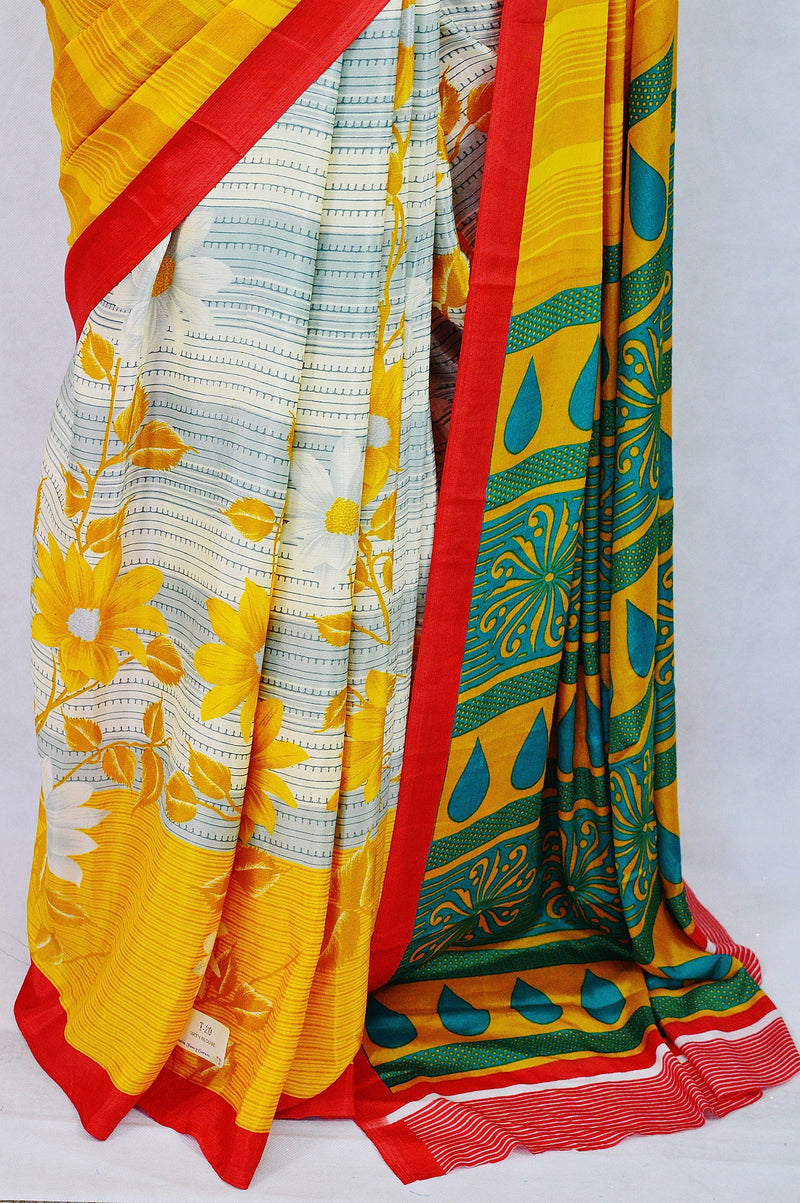 Gorgeous Red,Yellow Flower Print T-20 Crepe Silk Saree