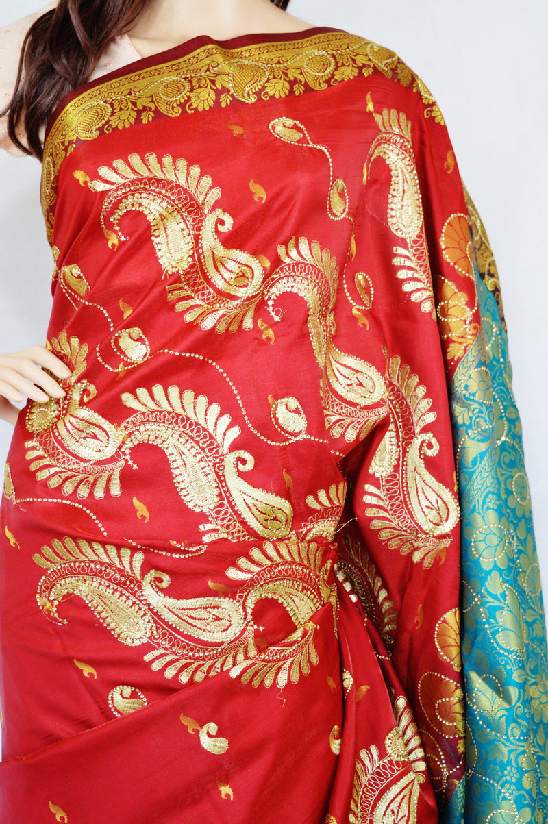 Maroon & Turquoise Sequins Work Banaras Silk Saree
