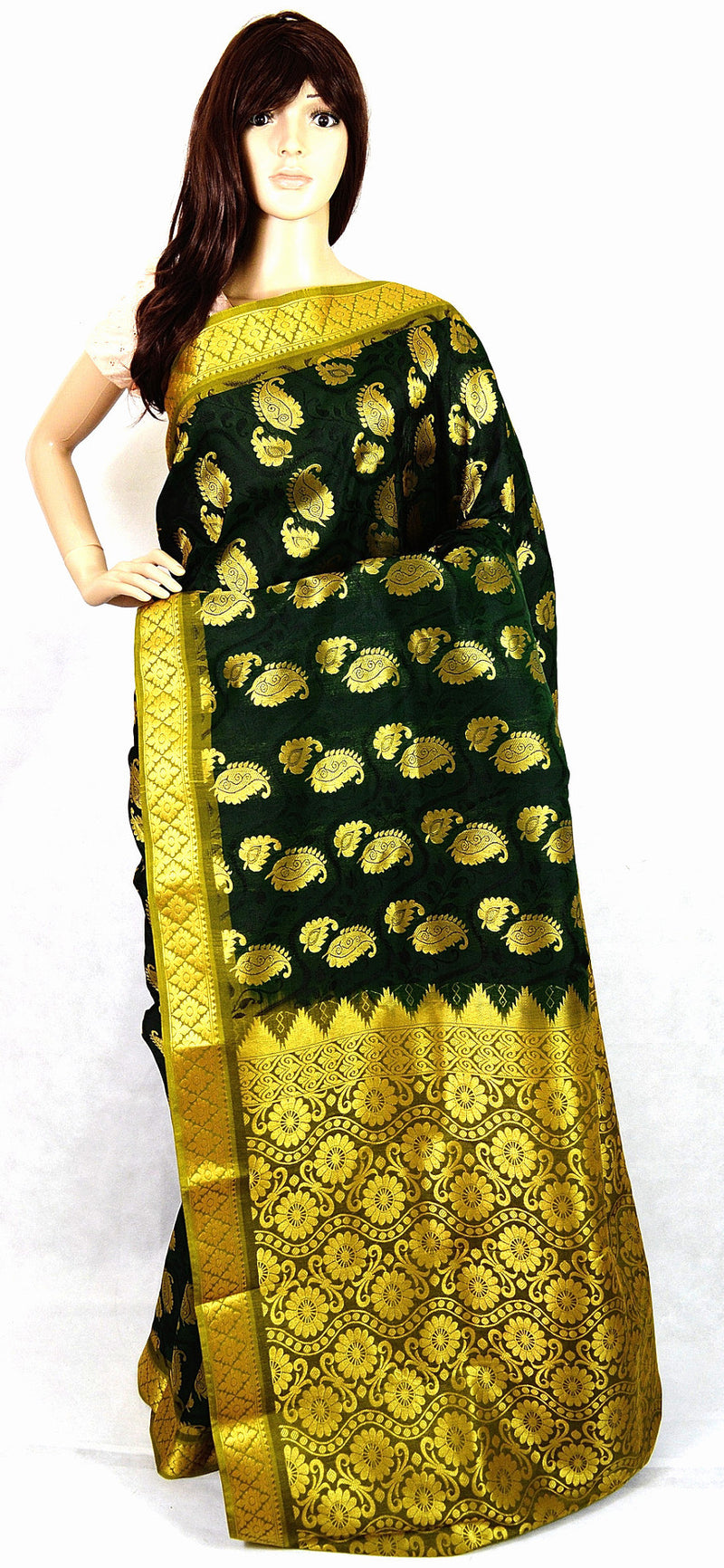Dark Green ,Light Green & Gold Kanchipuram Silk Saree