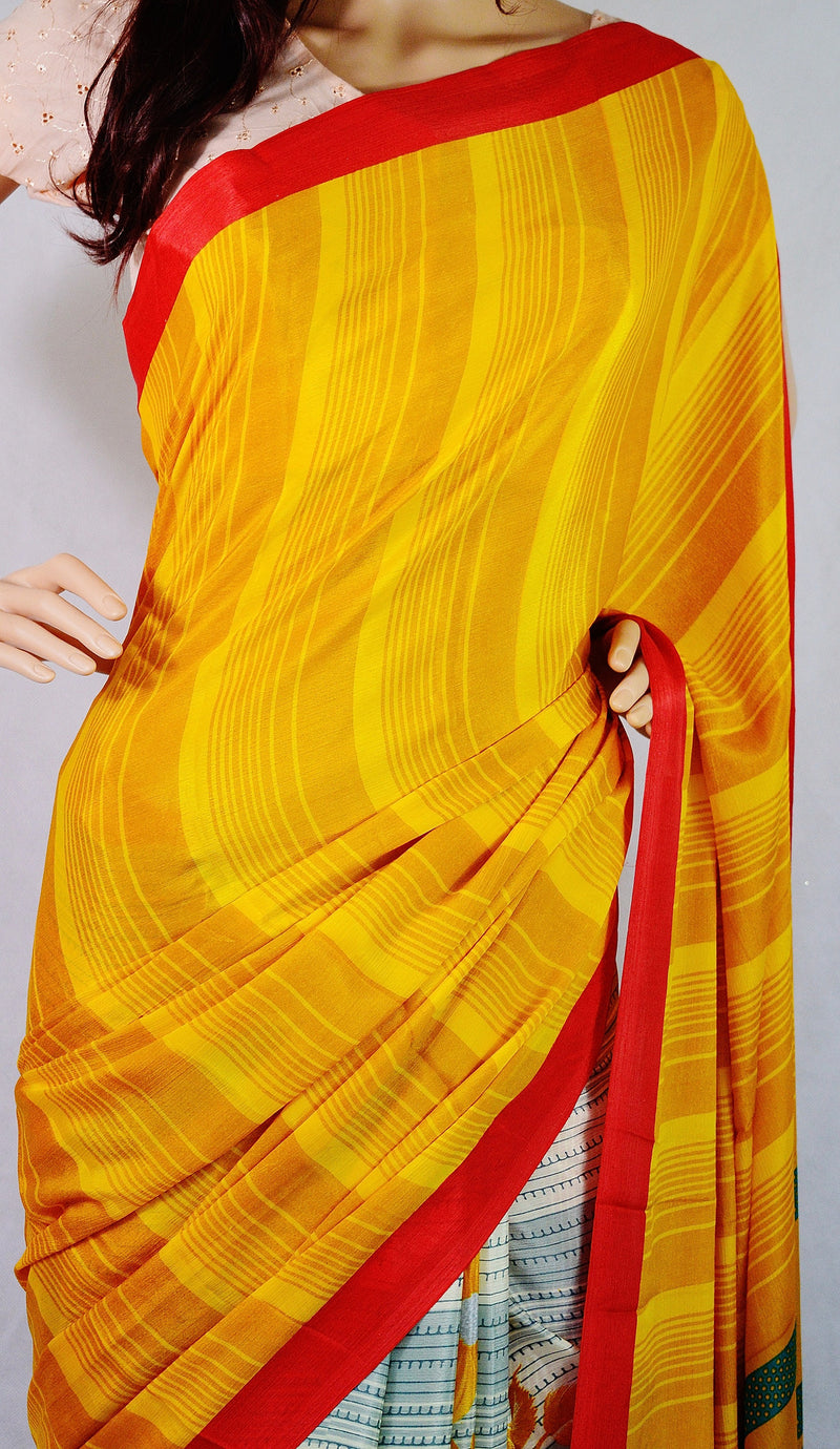Gorgeous Red,Yellow Flower Print T-20 Crepe Silk Saree