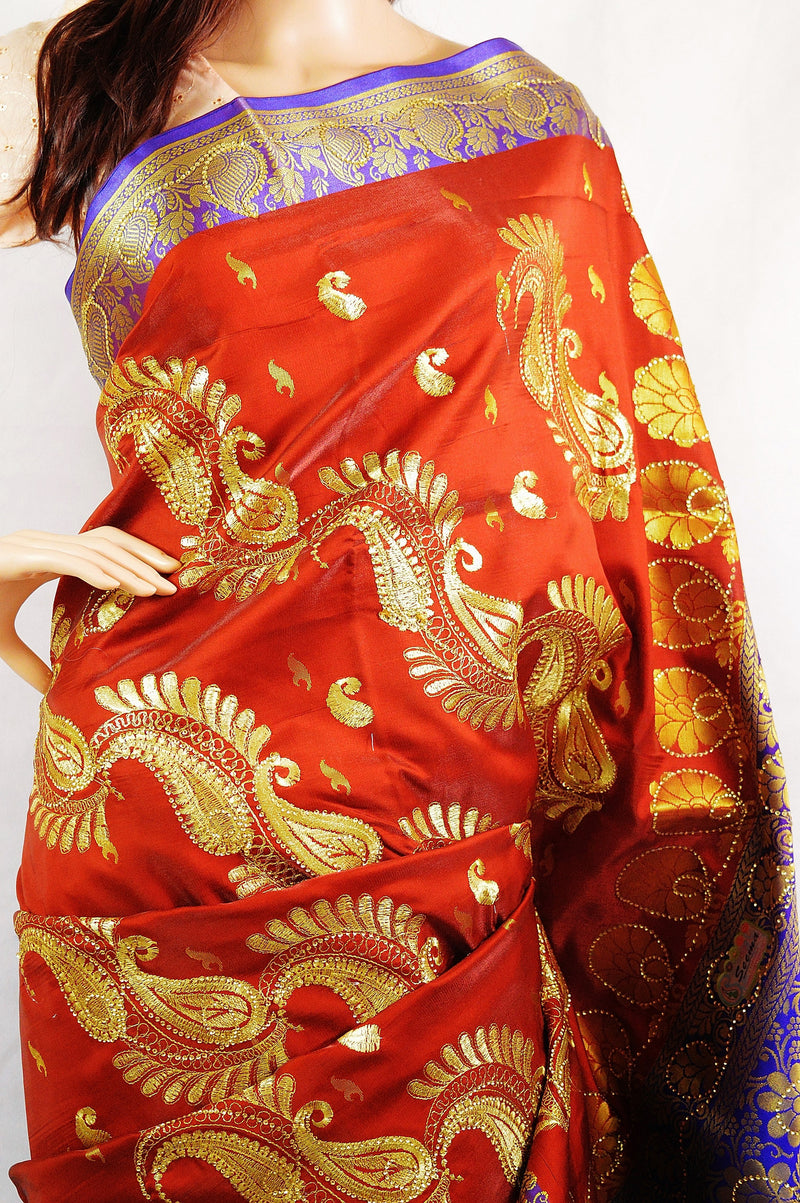 Maroon Colour Sequins Work Banaras Silk Saree