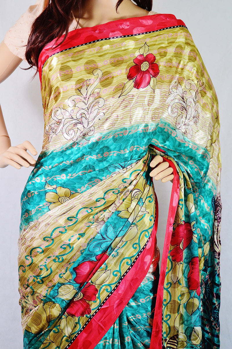 Red,Green & Cream Colour Balika Vadha Crepe Silk Saree