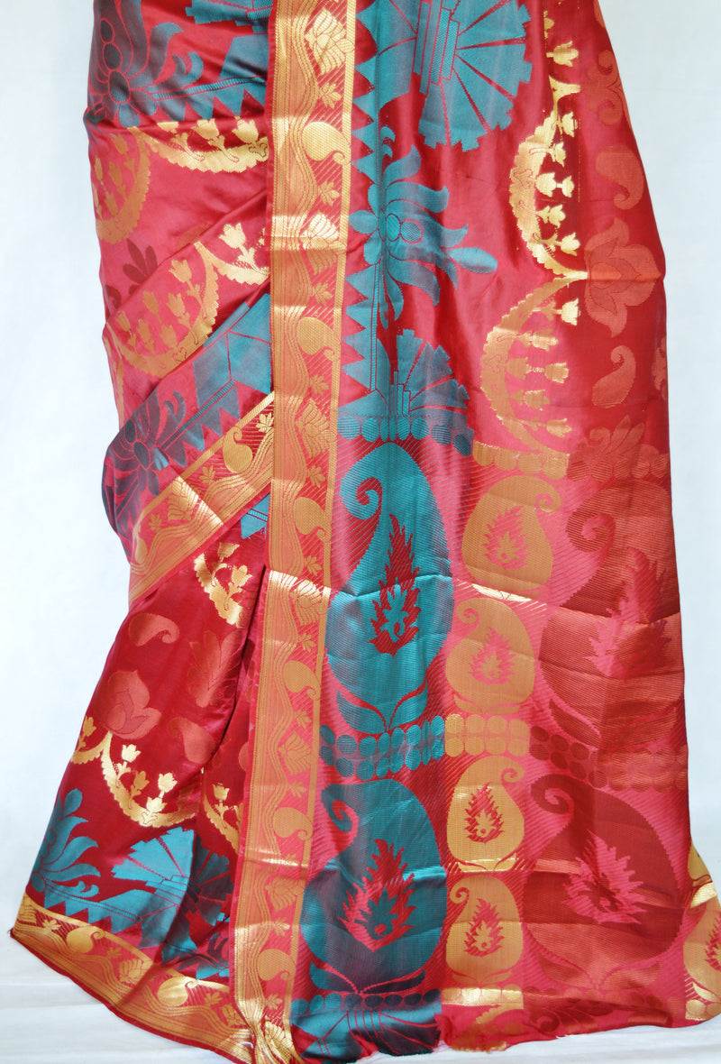 Maroon  & Gold Pure Raw Silk  Saree