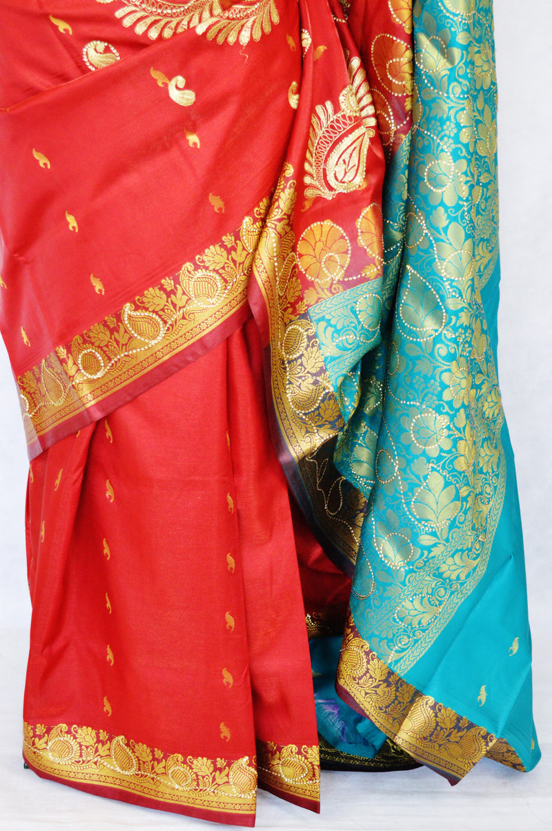 Maroon & Turquoise Sequins Work Banaras Silk Saree