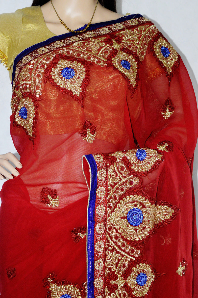 Gorgeous Cherry Red ,Purple & Gold Party Saree