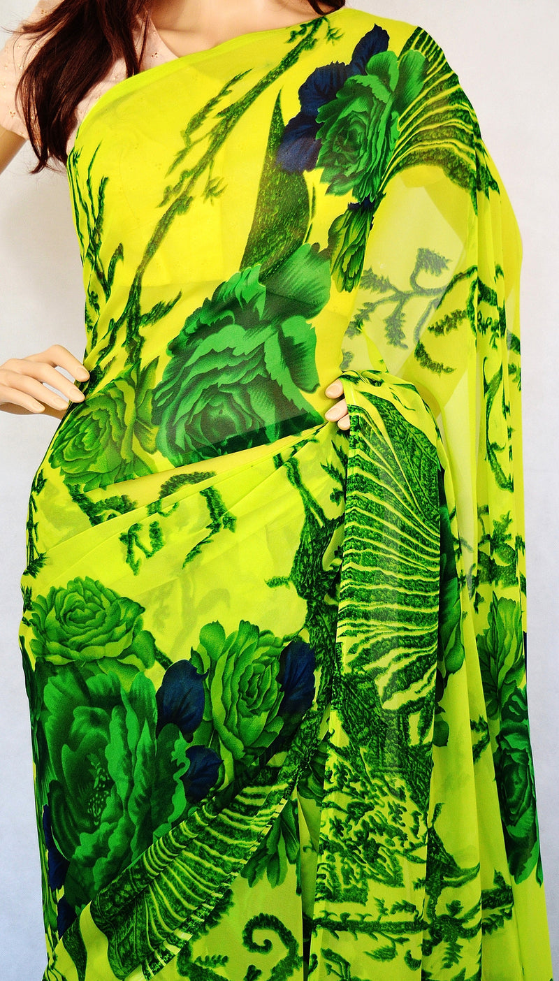 Beautiful Green Colour Flower Print  Monalisha  Saree