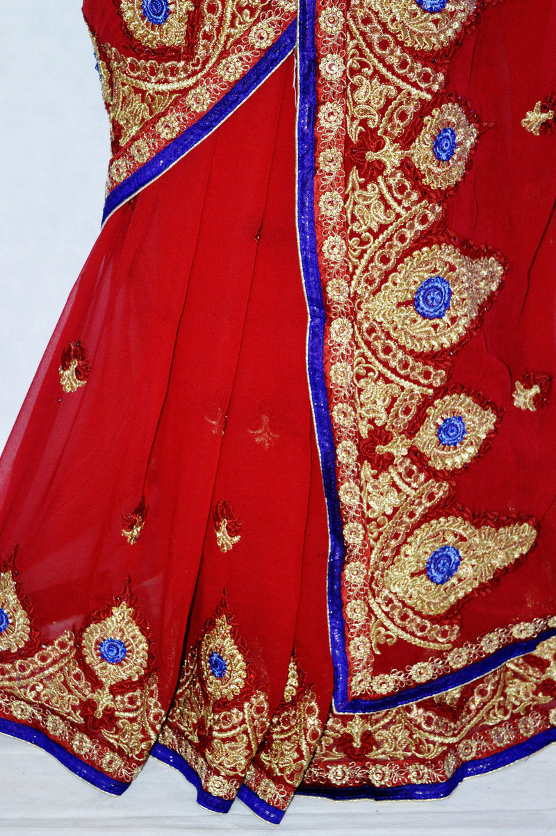 Gorgeous Cherry Red ,Purple & Gold Party Saree