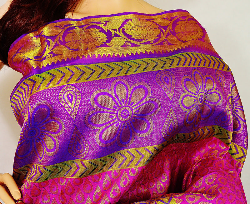 Purple & Pink Colour Pure Kanchipuram Pattu Silk Saree