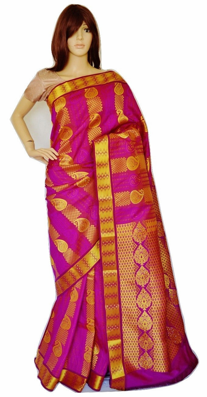 Gold Shaded Fushcia Stone Work Kanchipuram Silk Saree