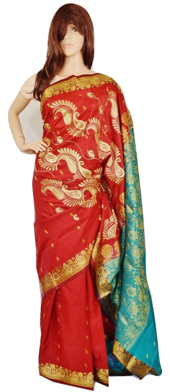 Maroon & Turquoise Sequins Work Banaras Silk Saree