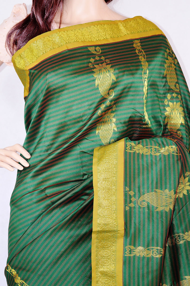 Gorgeous Green & Gold Stripe  Silk Saree
