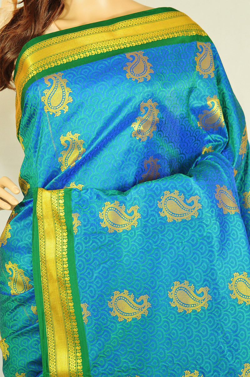 Green Shade Blue,Green & Gold Kanchipuram Silk  Saree