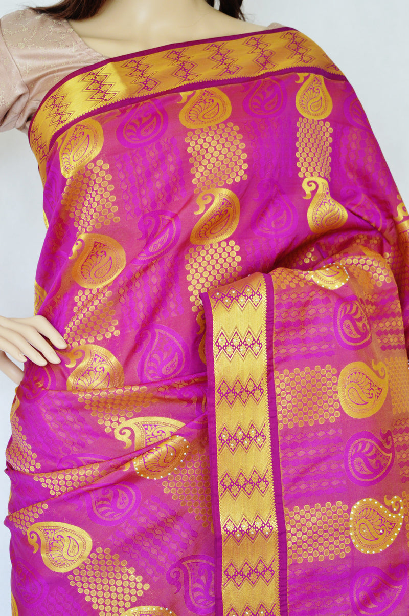 Gold Shaded Fushcia Stone Work Kanchipuram Silk Saree