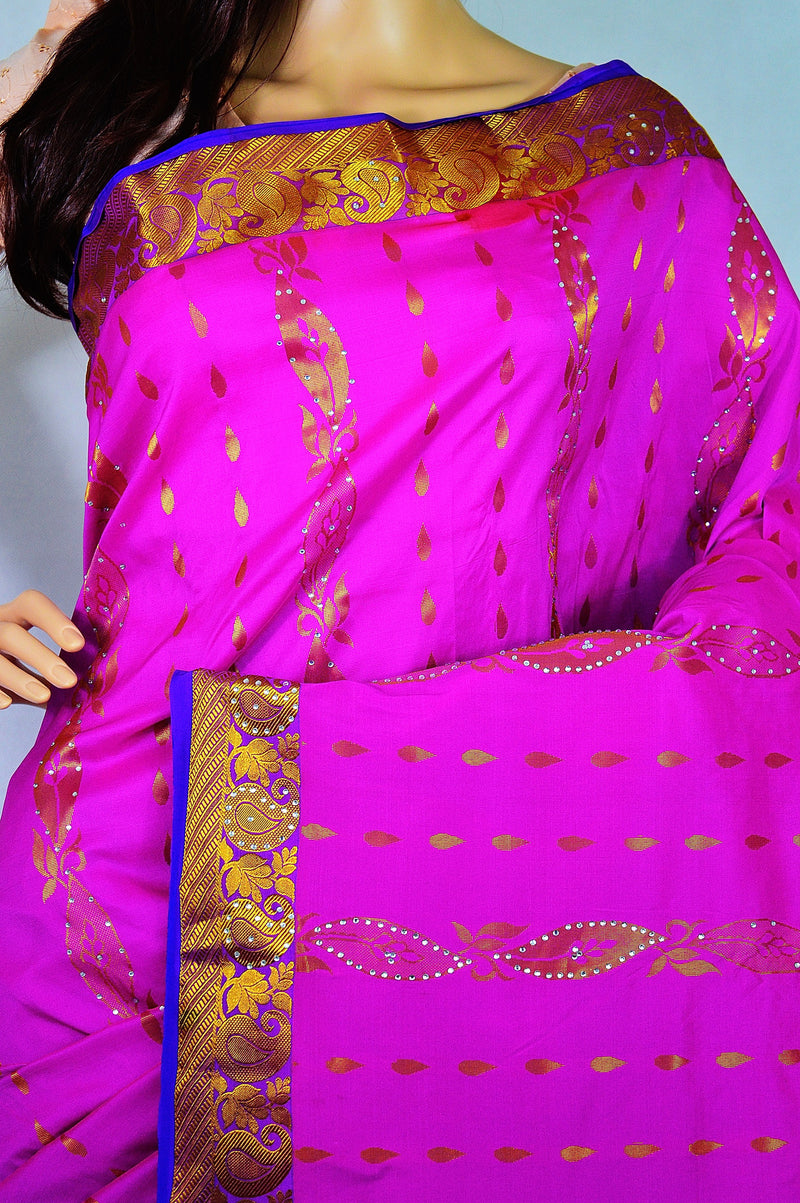 Pink & Purple Stone Work Kanchipuram Silk Saree