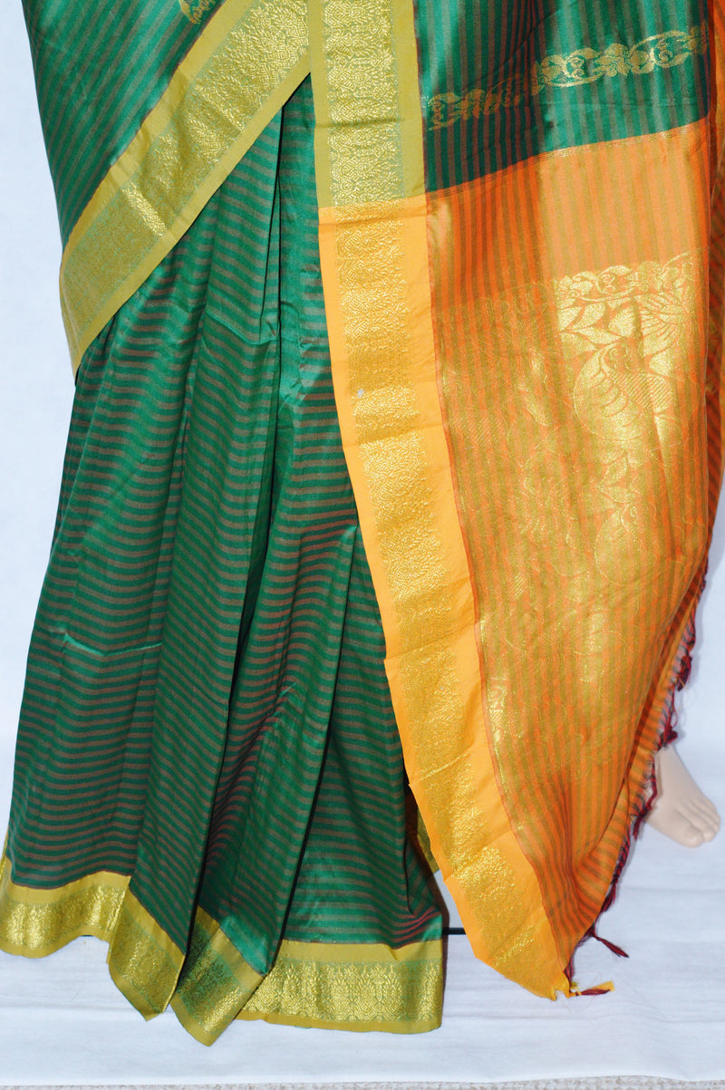 Gorgeous Green & Gold Stripe  Silk Saree