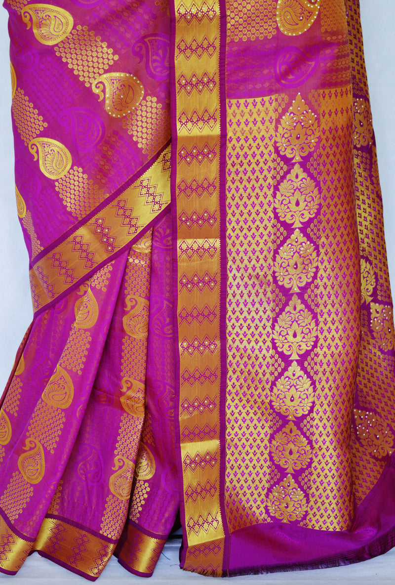 Gold Shaded Fushcia Stone Work Kanchipuram Silk Saree