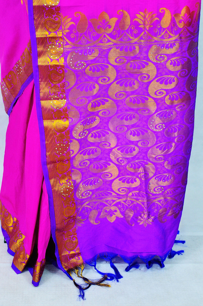 Pink & Purple Stone Work Kanchipuram Silk Saree