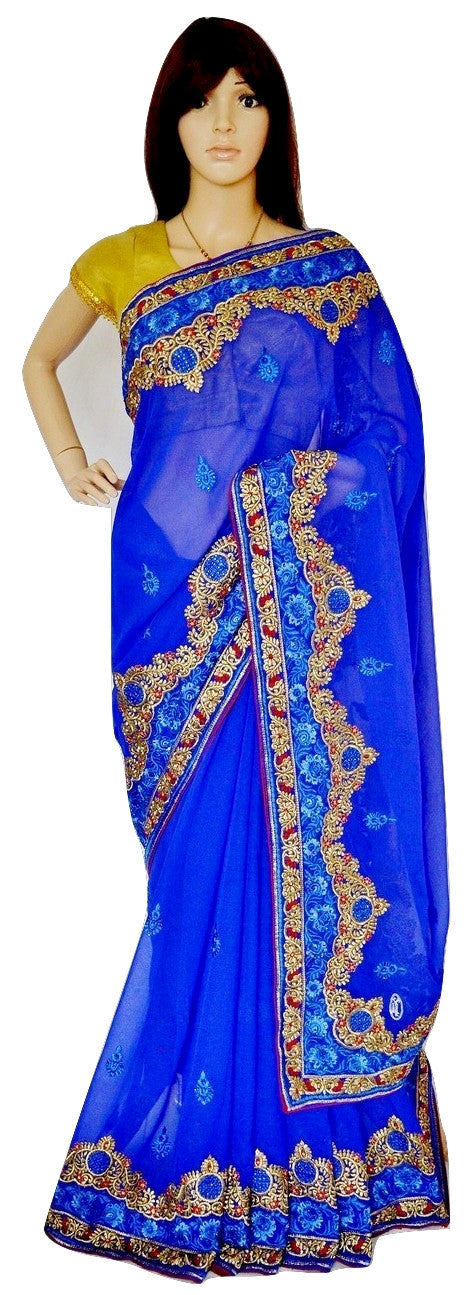 Pleasing Blue,Gold & Red Party Wear Saree
