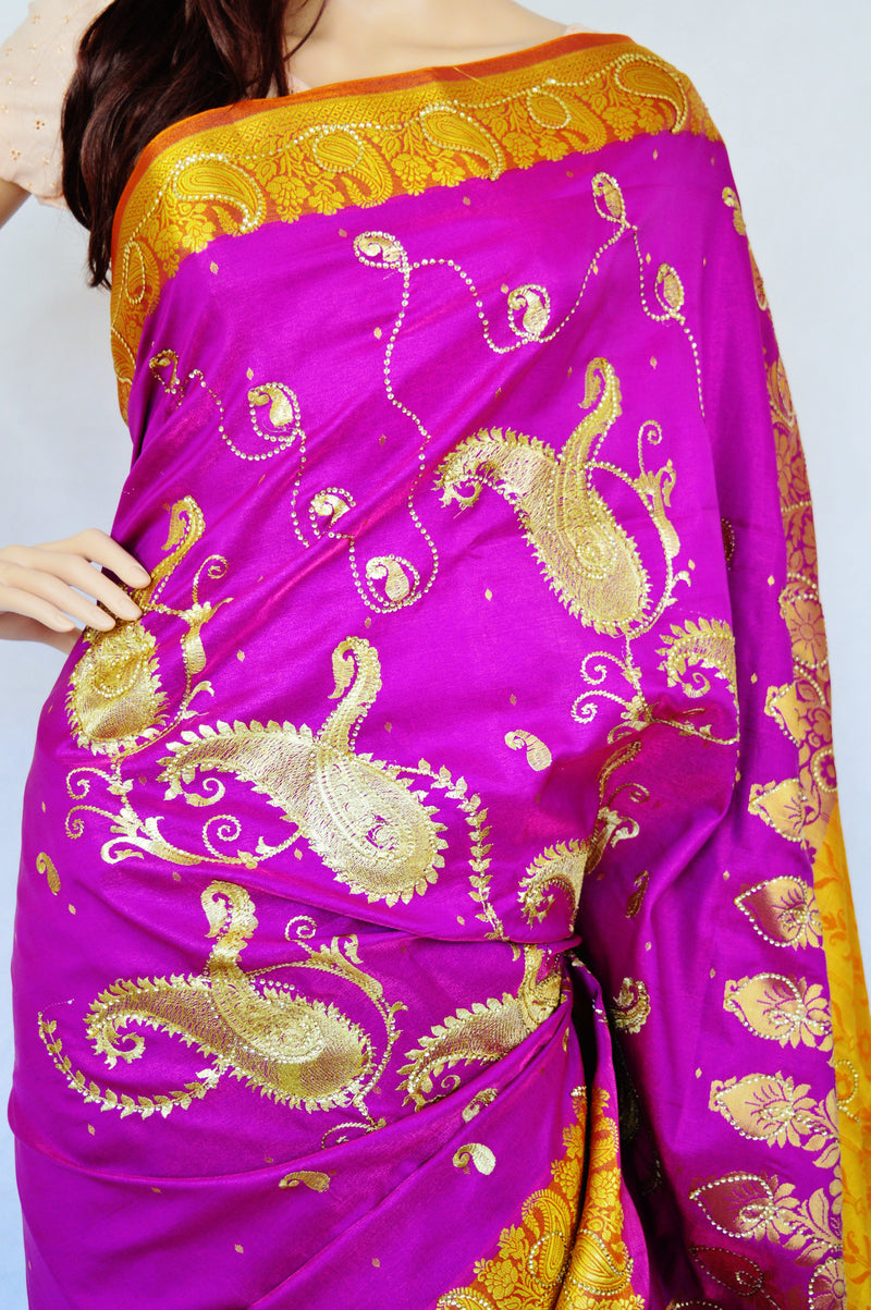 Fuchsia & Mustard Colour Banaras Silk Saree