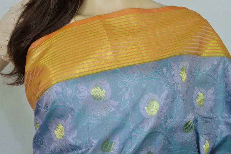 Grey,Blue & Gold Colour Kanchipuram Silk  Saree