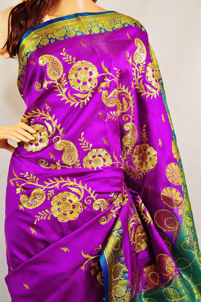Purple Colour Sequins Work Banaras Silk Saree