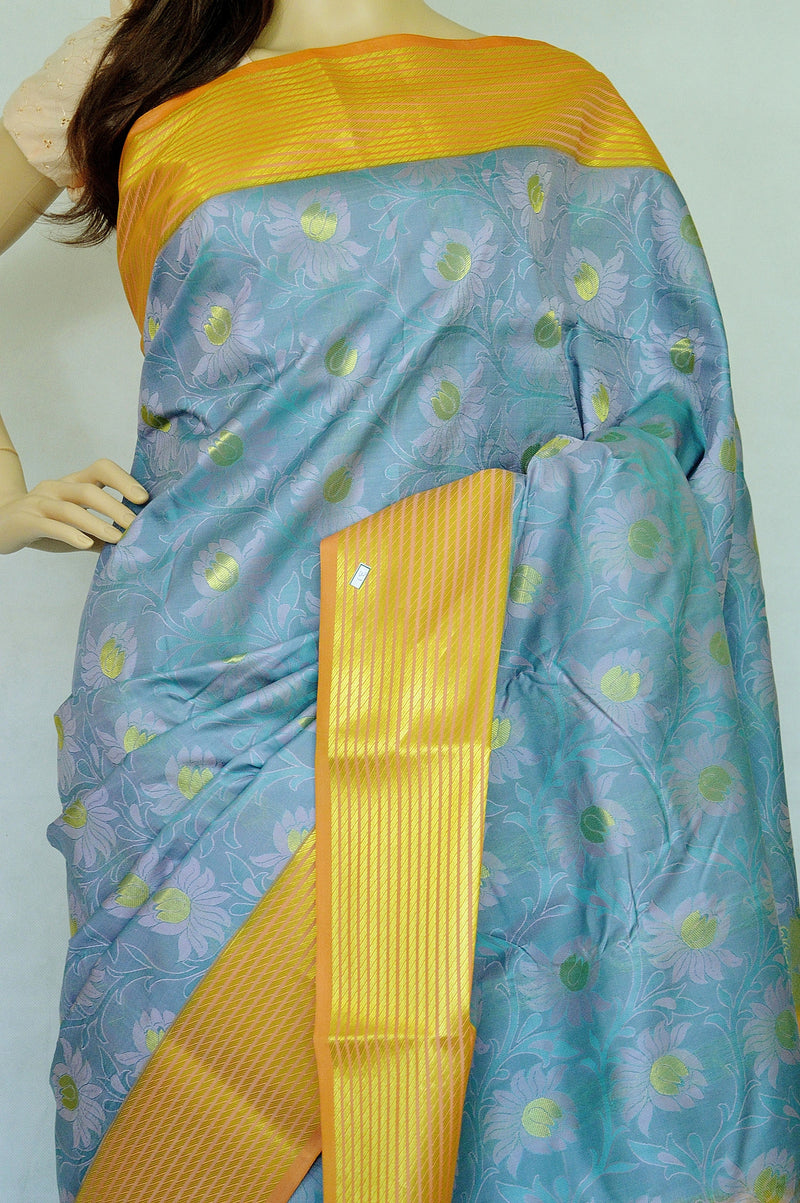 Grey,Blue & Gold Colour Kanchipuram Silk  Saree