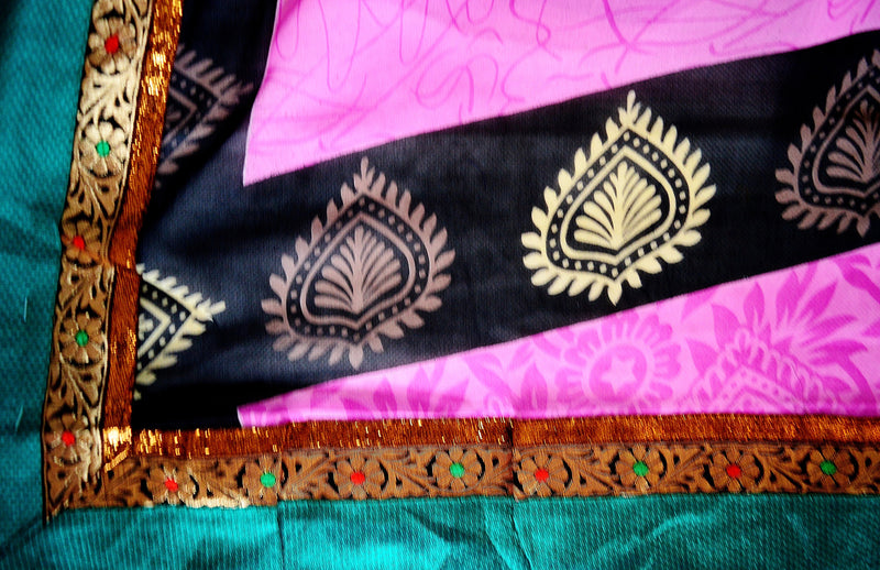 Pink,Green & Black Premium Silk Saree