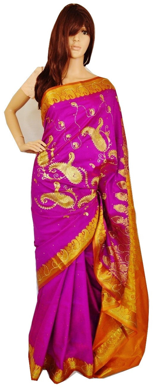 Fuchsia & Mustard Colour Banaras Silk Saree