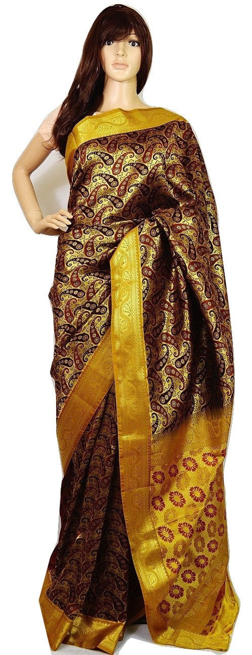 Gold,Maroon & Mustard Colour Kanchipuram Silk  Saree