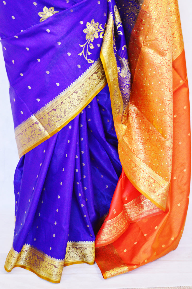 Blue & Orange Colour Stone Work Banaras Silk Saree