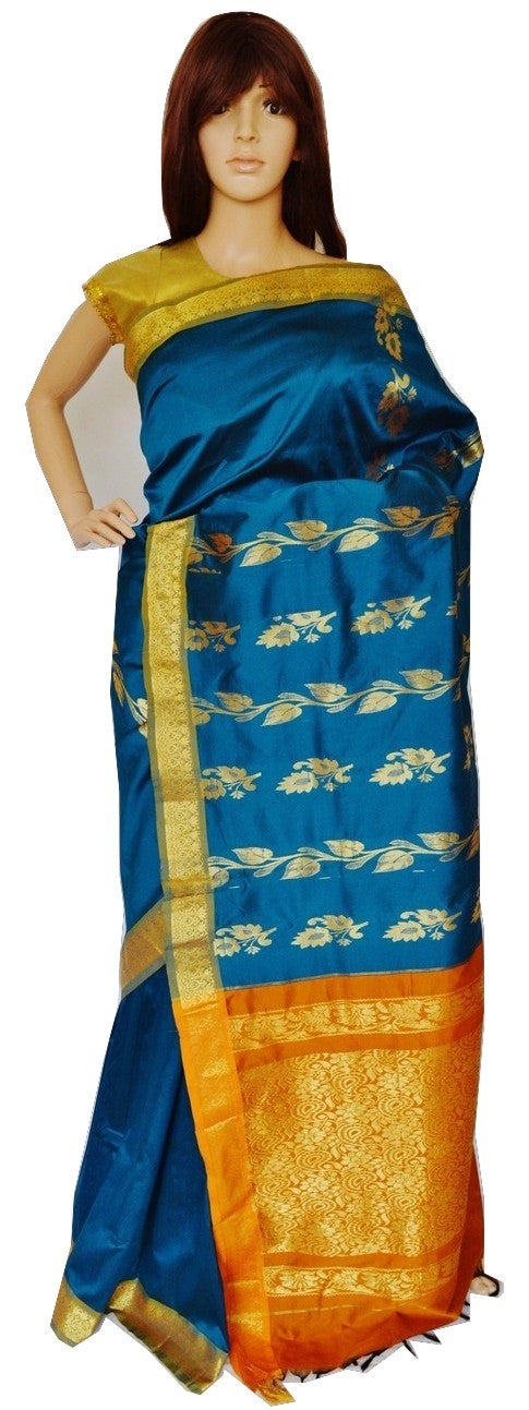 Blue ,Orange & Gold Art  Silk Saree