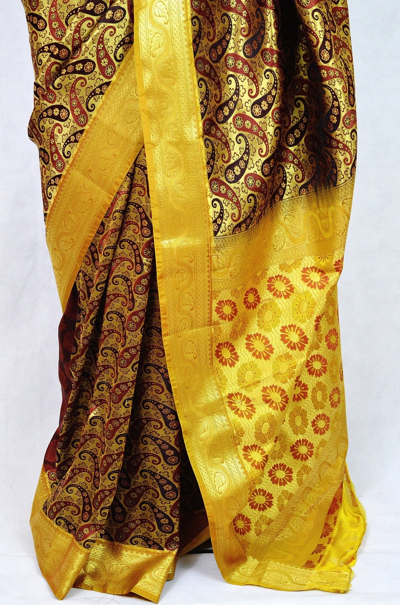 Gold,Maroon & Mustard Colour Kanchipuram Silk  Saree