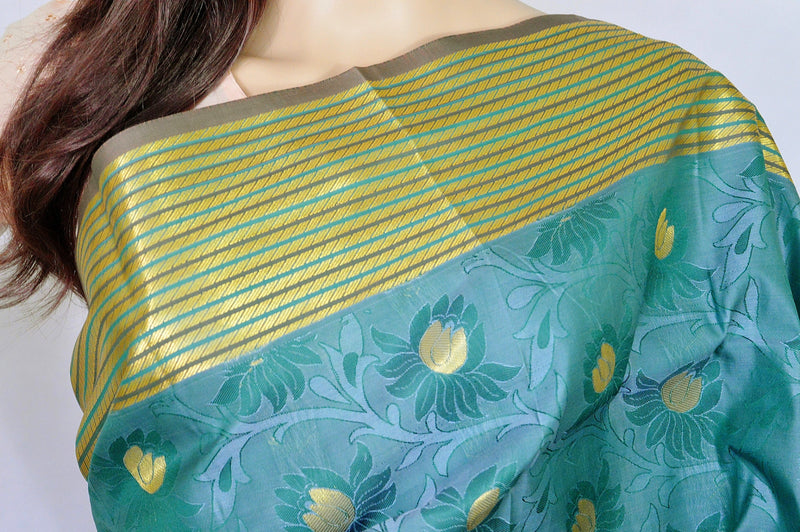 Turquoise  & Gold Colour Kanchipuram Silk  Saree