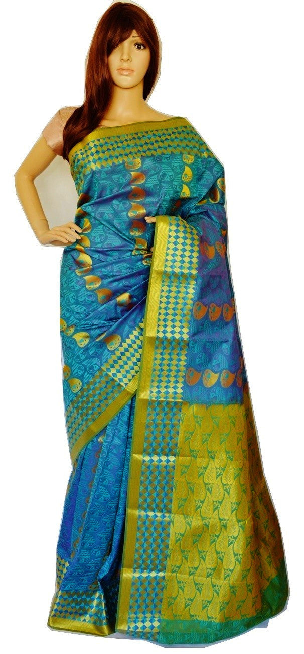 Turquoise & Gold Colour Kanchipuram Silk  Saree